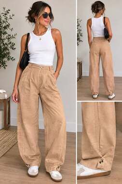 Zara Pleated Wide Leg Pants Size XS Tan Button Hem Trousers